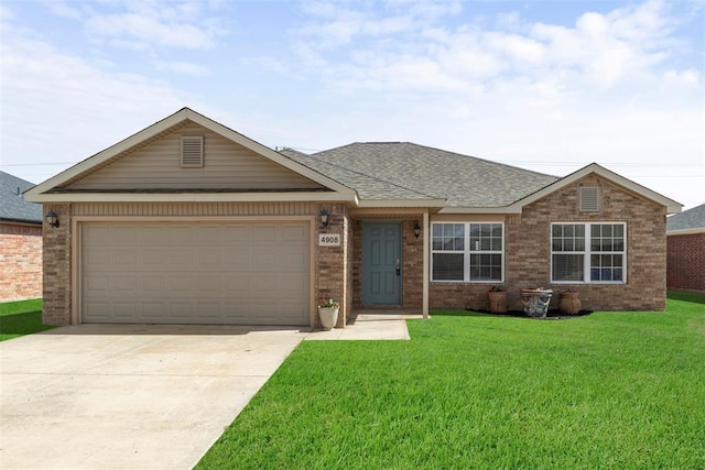 ranch-style house featuring brick siding, concrete driveway, a front yard, roof with shingles, and a garage