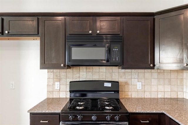 kitchen with decorative backsplash, dark brown cabinets, black appliances, and light stone countertops