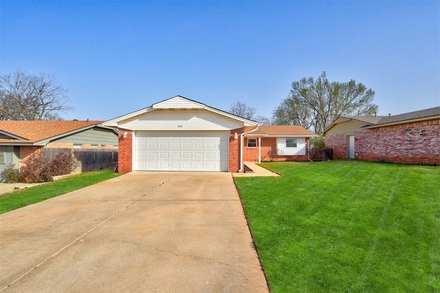 ranch-style home featuring brick siding, an attached garage, a front lawn, fence, and driveway