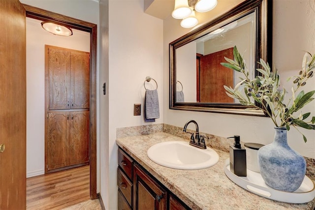 bathroom with wood finished floors and vanity