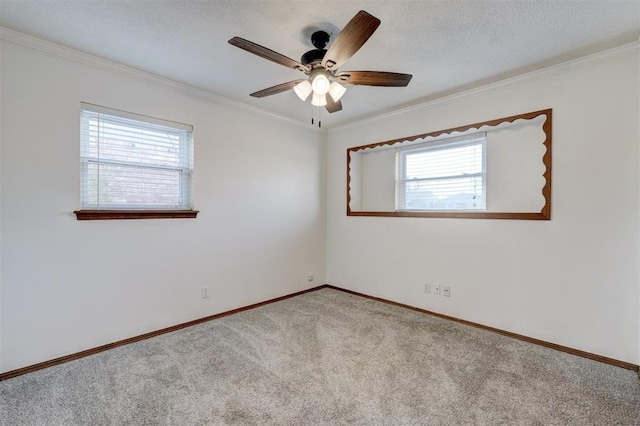 spare room with a wealth of natural light, carpet floors, and ornamental molding