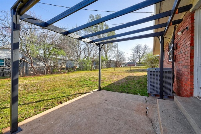 view of patio / terrace featuring central AC unit and a fenced backyard