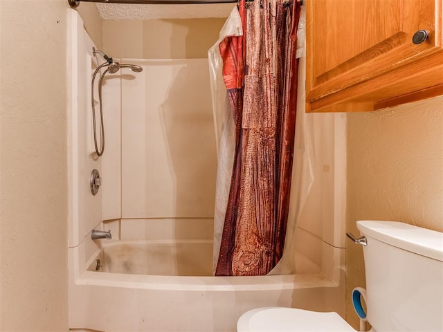 full bathroom with a textured ceiling, toilet, shower / tub combo with curtain, and a textured wall