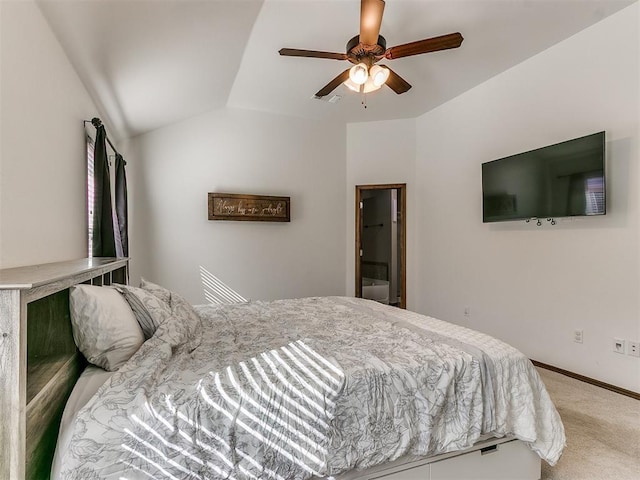 bedroom featuring baseboards, lofted ceiling, ceiling fan, and carpet flooring