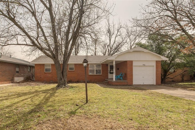 ranch-style home featuring driveway, brick siding, an attached garage, and a front yard