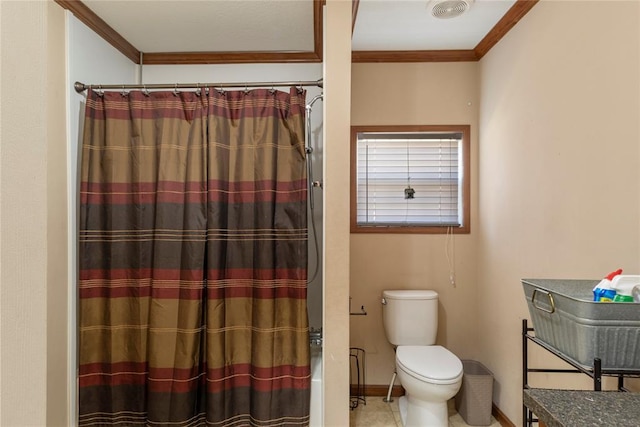 full bathroom featuring baseboards, visible vents, ornamental molding, tile patterned flooring, and toilet