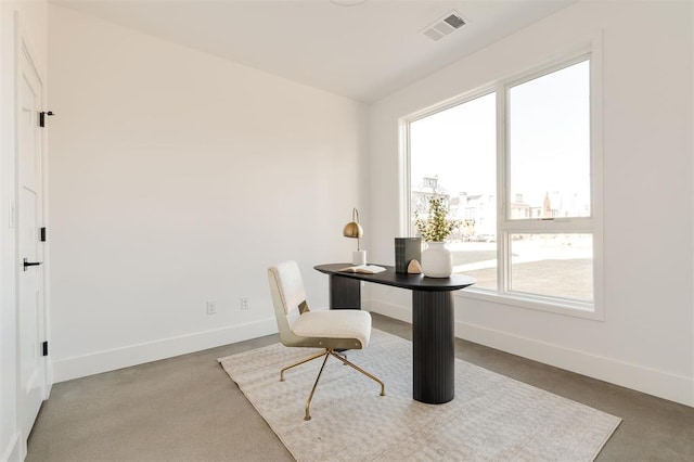 carpeted office space with visible vents and baseboards