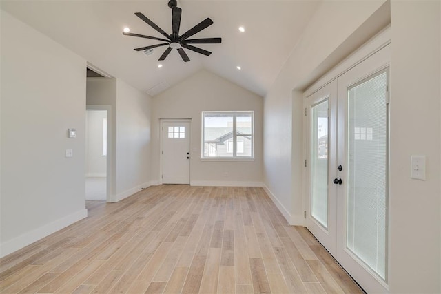 foyer with a ceiling fan, baseboards, recessed lighting, vaulted ceiling, and light wood-style floors