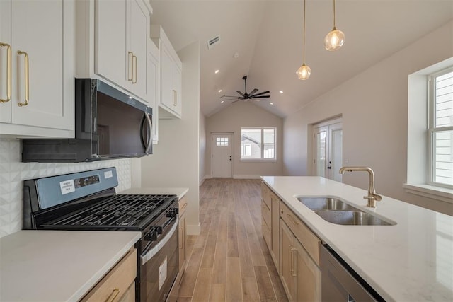 kitchen featuring light wood finished floors, tasteful backsplash, appliances with stainless steel finishes, white cabinetry, and a sink