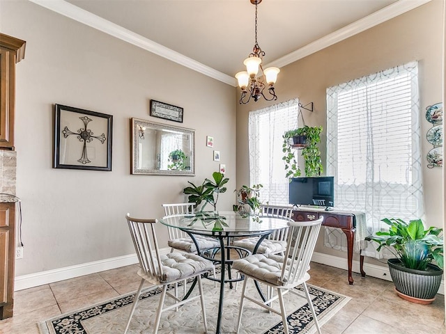 dining space featuring crown molding, a notable chandelier, light tile patterned floors, and baseboards