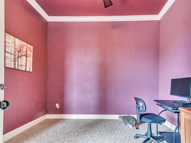 office area featuring baseboards, carpet, and ornamental molding