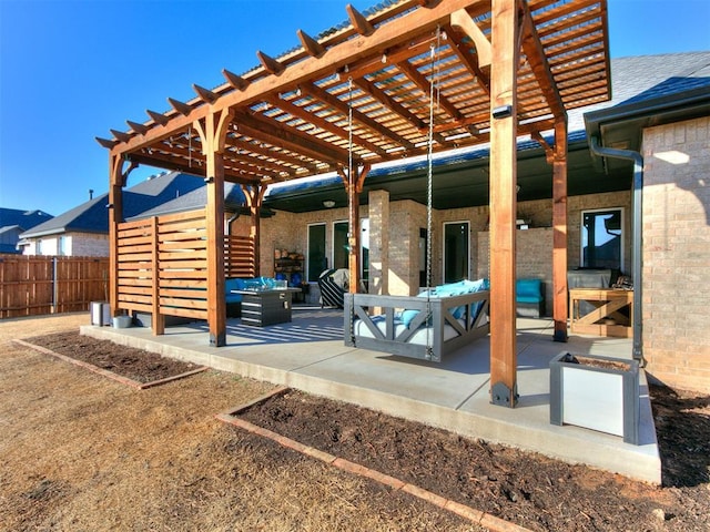 view of patio / terrace featuring an outdoor hangout area, fence, and a pergola