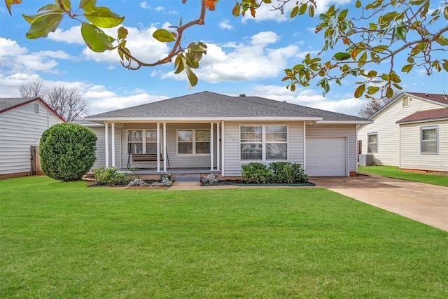 ranch-style home with driveway, a front lawn, covered porch, roof with shingles, and an attached garage