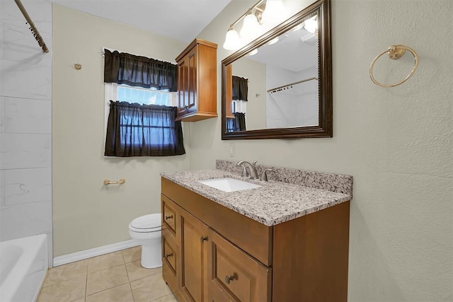 bathroom with tile patterned floors, curtained shower, vanity, and toilet