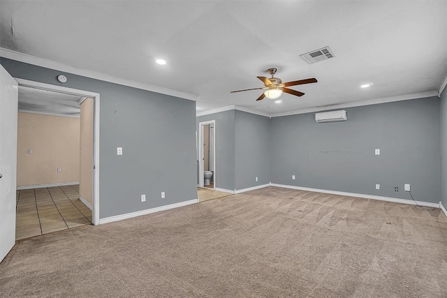 1724 N Lee St, Altus, OK 73521 - unfurnished room with crown molding, a wall mounted AC, ceiling fan, and carpet floors