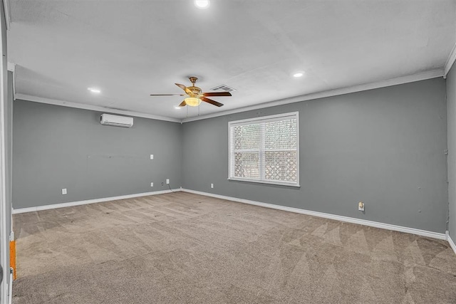 1724 N Lee St, Altus, OK 73521 - empty room with a ceiling fan, baseboards, an AC wall unit, crown molding, and carpet flooring