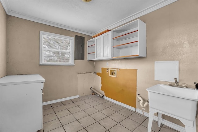 1724 N Lee St, Altus, OK 73521 - washroom featuring washer hookup, electric panel, crown molding, baseboards, and laundry area