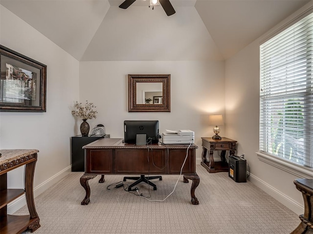 16304 Steppe Dr, Oklahoma City, OK 73170 - office with carpet flooring, lofted ceiling, a ceiling fan, and baseboards