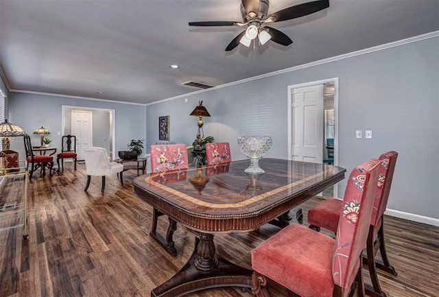 3316 NW 60th, Oklahoma City, OK 73112 - dining area featuring visible vents, baseboards, wood finished floors, ceiling fan, and crown molding