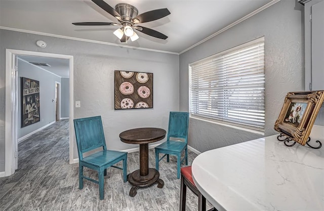 3316 NW 60th, Oklahoma City, OK 73112 - dining area featuring visible vents, baseboards, a ceiling fan, crown molding, and a textured wall