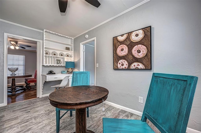 3316 NW 60th, Oklahoma City, OK 73112 - dining space featuring ornamental molding, a ceiling fan, and wood finished floors