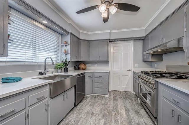 3316 NW 60th, Oklahoma City, OK 73112 - kitchen with gray cabinets, under cabinet range hood, dishwasher, and stainless steel range