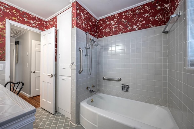 3316 NW 60th, Oklahoma City, OK 73112 - bathroom with bathtub / shower combination, wallpapered walls, and crown molding
