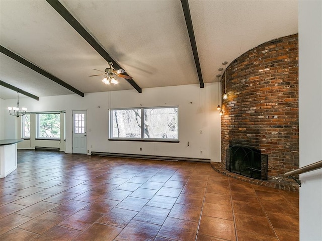 unfurnished living room with tile patterned flooring, a brick fireplace, vaulted ceiling with beams, a baseboard heating unit, and ceiling fan with notable chandelier
