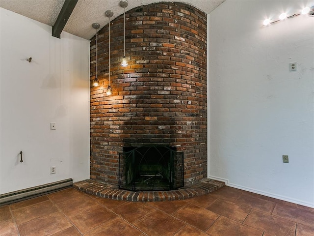 unfurnished living room featuring lofted ceiling with beams, a textured ceiling, baseboards, baseboard heating, and a brick fireplace