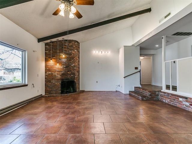 unfurnished living room featuring visible vents, a brick fireplace, lofted ceiling with beams, and ceiling fan