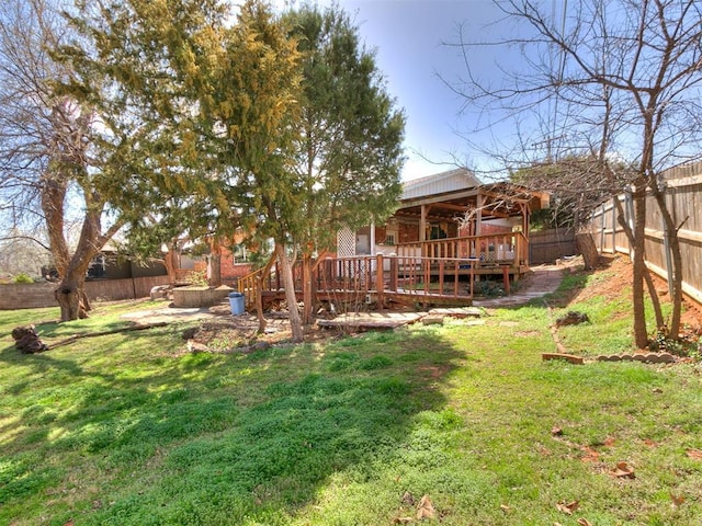 view of yard featuring a deck and a fenced backyard