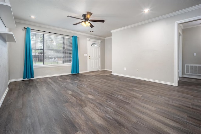 4505 N Peniel Ave, Bethany, OK 73008 - unfurnished living room featuring dark wood finished floors, ceiling fan, ornamental molding, and recessed lighting
