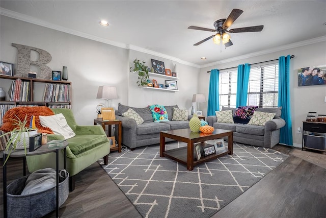 4505 N Peniel Ave, Bethany, OK 73008 - living room with wood finished floors, a ceiling fan, crown molding, and recessed lighting