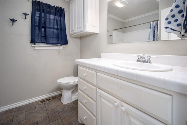 4505 N Peniel Ave, Bethany, OK 73008 - full bathroom featuring crown molding, vanity, stone finish floors, and a shower with shower curtain
