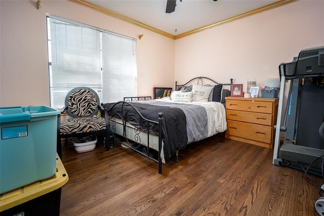 4505 N Peniel Ave, Bethany, OK 73008 - bedroom with ornamental molding, wood finished floors, and a ceiling fan