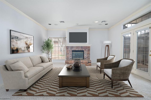 carpeted living room featuring a brick fireplace, visible vents, and ornamental molding