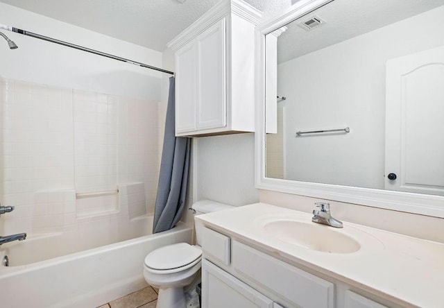 3833 Ives Way, Norman, OK 73072 - full bathroom with toilet, shower / bathtub combination with curtain, vanity, tile patterned flooring, and a textured ceiling