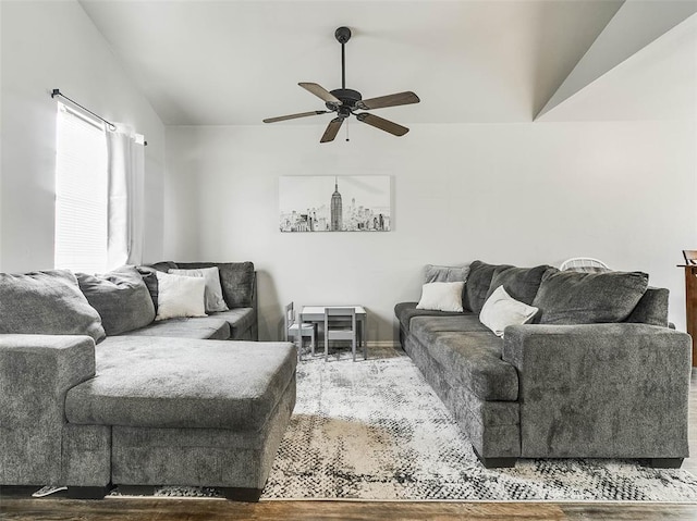 1419 NW 98th St, Oklahoma City, OK 73114 - living room featuring wood finished floors, a ceiling fan, and vaulted ceiling
