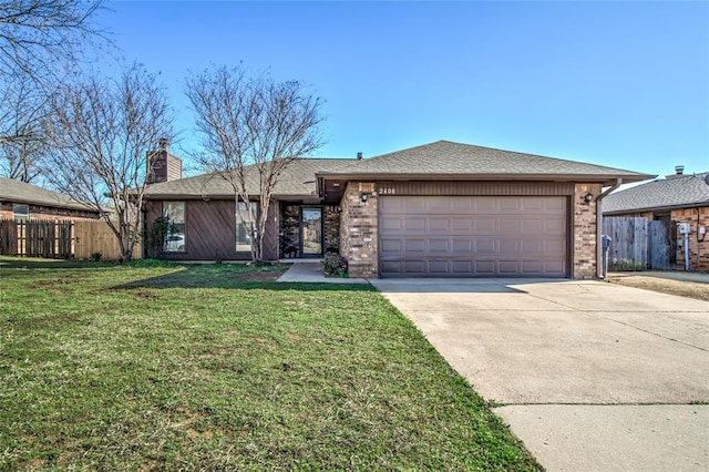 2408 Cypress Ct, Edmond, OK 73013 - ranch-style home with an attached garage, brick siding, driveway, and a chimney