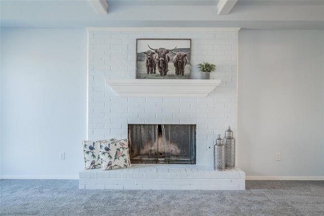 2408 Cypress Ct, Edmond, OK 73013 - detailed view of carpet flooring, beam ceiling, a brick fireplace, and baseboards