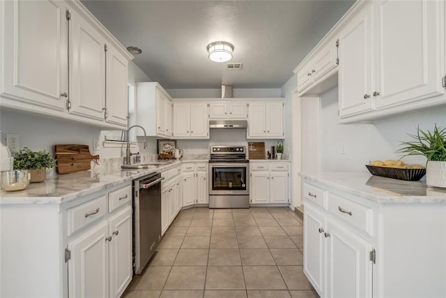 2408 Cypress Ct, Edmond, OK 73013 - kitchen with appliances with stainless steel finishes, a sink, under cabinet range hood, white cabinetry, and light tile patterned floors