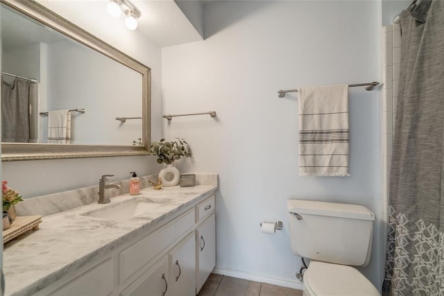 2408 Cypress Ct, Edmond, OK 73013 - bathroom featuring vanity, tile patterned floors, toilet, baseboards, and a shower with curtain