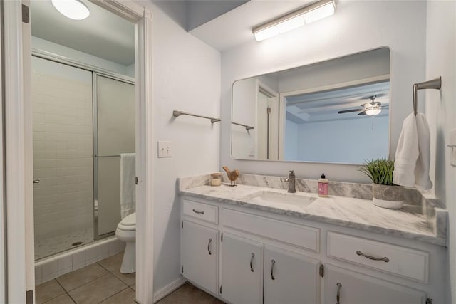 2408 Cypress Ct, Edmond, OK 73013 - bathroom featuring toilet, a shower stall, vanity, and tile patterned floors