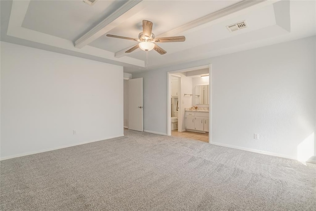 2408 Cypress Ct, Edmond, OK 73013 - spare room featuring light colored carpet, ceiling fan, beam ceiling, and baseboards