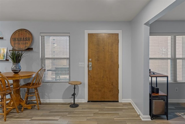 entryway with wood finished floors, baseboards, and a wealth of natural light