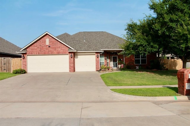 single story home featuring fence, driveway, an attached garage, a front lawn, and brick siding