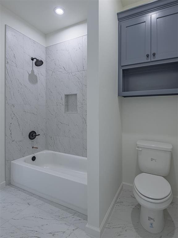 2292 NW 34th St, Newcastle, OK 73065 - bathroom with marble look tiles, baseboards, shower / tub combination, toilet, and recessed lighting