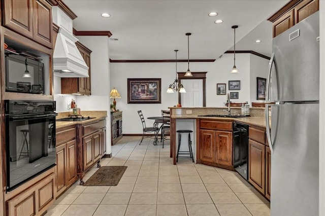 kitchen with black appliances, crown molding, a peninsula, light tile patterned floors, and custom range hood
