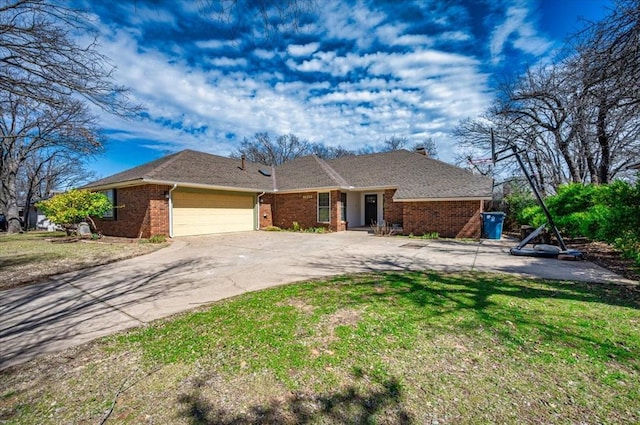 2008 Powderhorn, Edmond, OK 73034 - ranch-style home with brick siding, a front yard, concrete driveway, and an attached garage