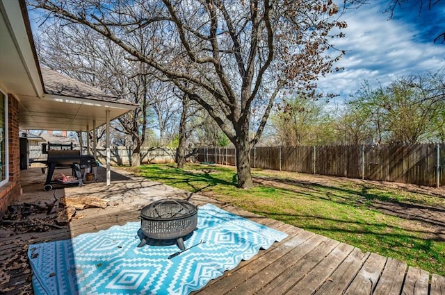 2008 Powderhorn, Edmond, OK 73034 - wooden deck featuring a fenced backyard, a fire pit, grilling area, a patio area, and a lawn